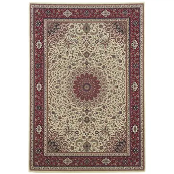 8' Ivory And Red Oriental Square Rug