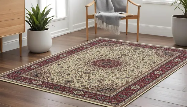 8' Ivory And Red Oriental Square Rug