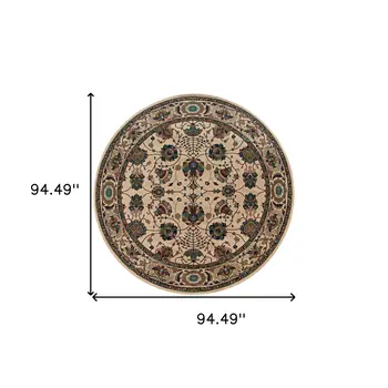 8' Ivory And Red Oriental Round Rug