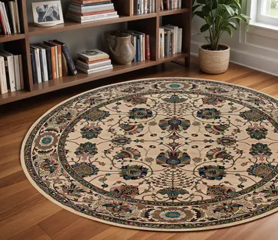 8' Ivory And Red Oriental Round Rug