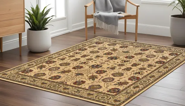 8' Ivory And Red Oriental Square Rug