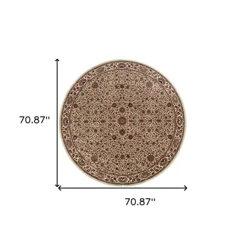 6' Ivory And Green Oriental Round Rug