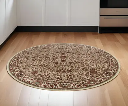 6' Ivory And Green Oriental Round Rug