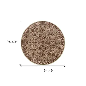 8' Ivory And Green Oriental Round Rug