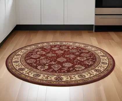 6' Red And Ivory Oriental Round Rug