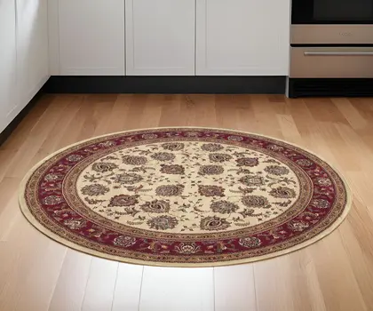6' Ivory And Red Oriental Round Rug