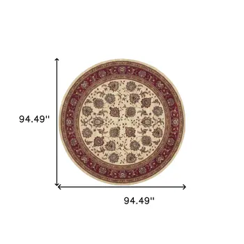 8' Ivory And Red Oriental Round Rug