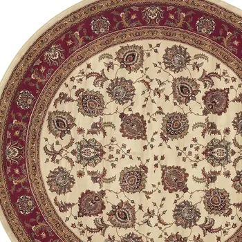 8' Ivory And Red Oriental Round Rug