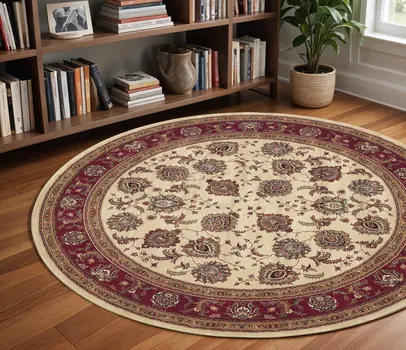 8' Ivory And Red Oriental Round Rug