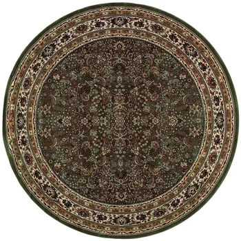 6' Green And Ivory Oriental Round Rug
