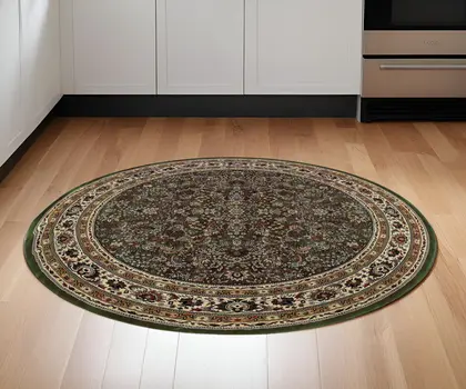 6' Green And Ivory Oriental Round Rug