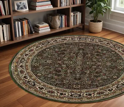 8' Green And Ivory Oriental Round Rug