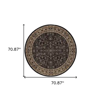 6' Black And Ivory Oriental Round Rug