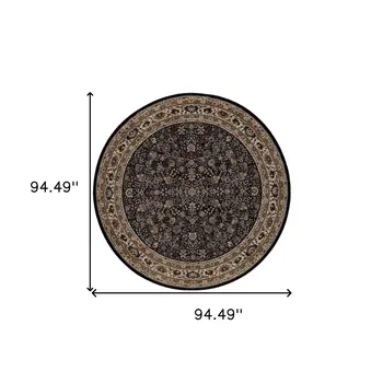 8' Black And Ivory Oriental Round Rug