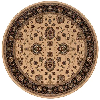 6' Ivory And Black Oriental Round Rug