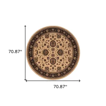 6' Ivory And Black Oriental Round Rug