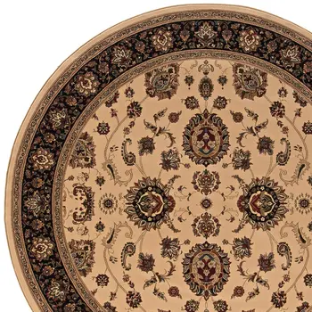 6' Ivory And Black Oriental Round Rug
