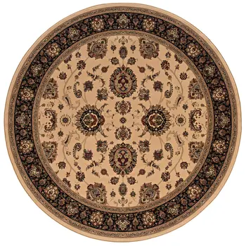 6' Ivory And Black Oriental Round Rug
