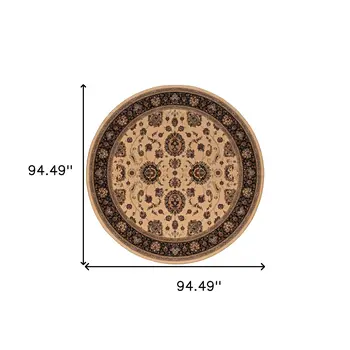 8' Ivory And Black Oriental Round Rug