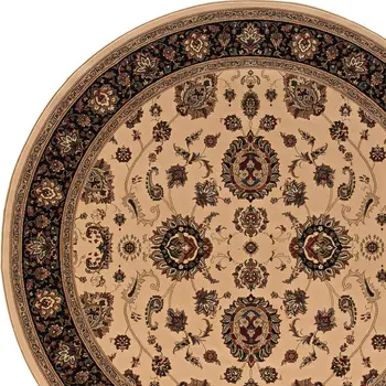 8' Ivory And Black Oriental Round Rug