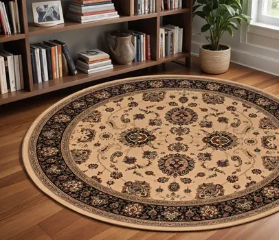 8' Ivory And Black Oriental Round Rug