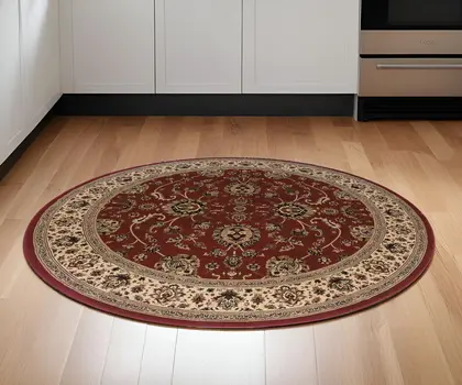 6' Red And Ivory Oriental Round Rug