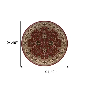8' Red And Ivory Oriental Round Rug