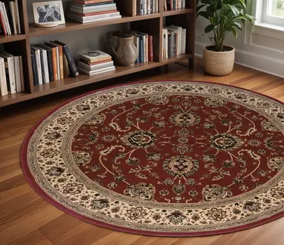 8' Red And Ivory Oriental Round Rug