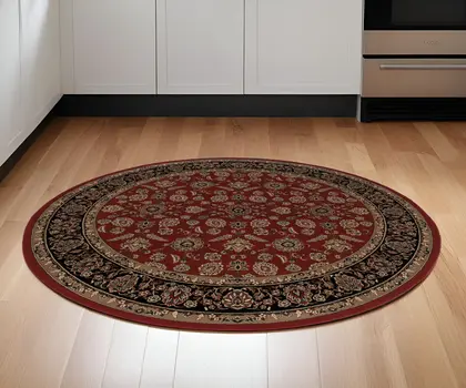 6' Red And Black Oriental Round Rug