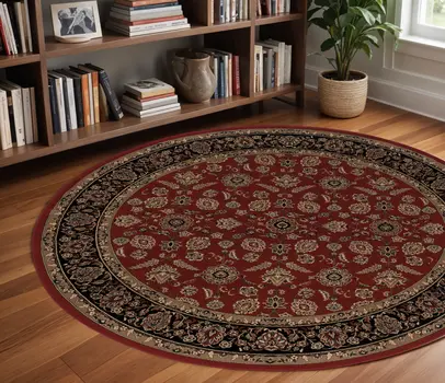 8' Red And Black Oriental Round Rug