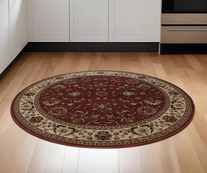 6' Red And Ivory Oriental Round Rug