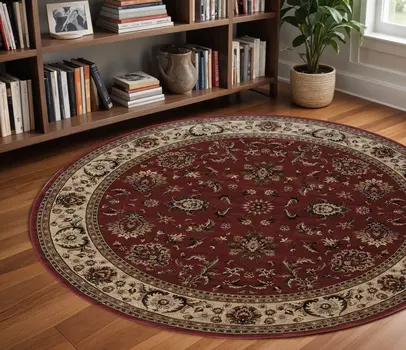 8' Red And Ivory Oriental Round Rug