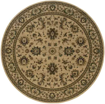 6' Ivory And Green Oriental Round Rug