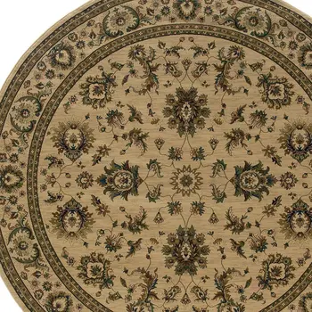 6' Ivory And Green Oriental Round Rug