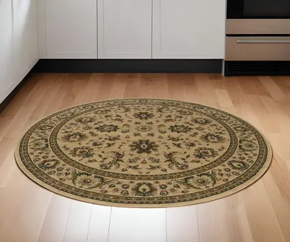 6' Ivory And Green Oriental Round Rug