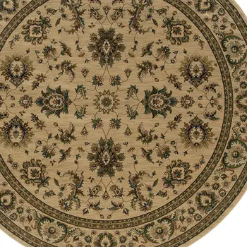 8' Ivory And Green Oriental Round Rug