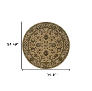 8' Ivory And Green Oriental Round Rug