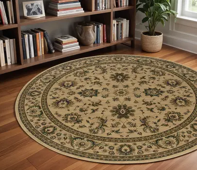 8' Ivory And Green Oriental Round Rug