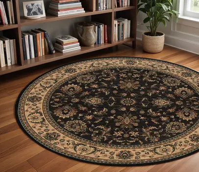 8' Black And Ivory Oriental Round Rug