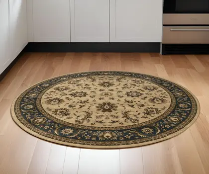 6' Ivory and Blue Oriental Round Rug