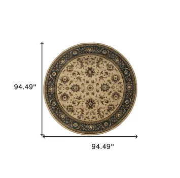 8' Ivory And Blue Oriental Round Rug