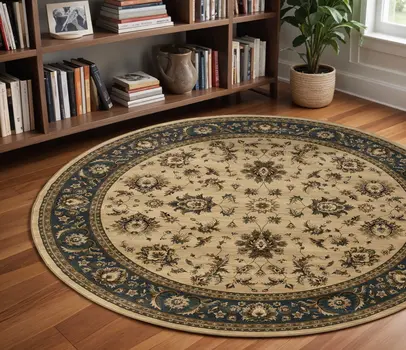 8' Ivory And Blue Oriental Round Rug