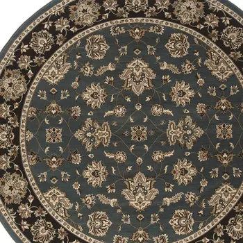 6' Slate Blue Black and Ivory Floral Round Rug