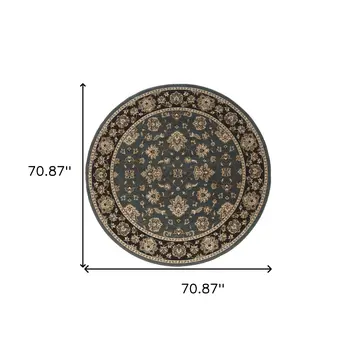 6' Slate Blue Black and Ivory Floral Round Rug