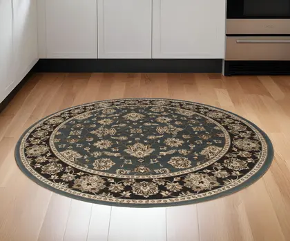 6' Slate Blue Black and Ivory Floral Round Rug