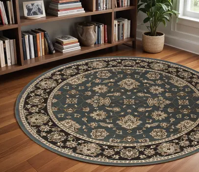 8' Blue And Black Floral Round Rug
