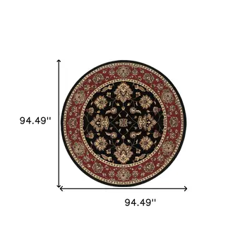8' Black And Red Floral Round Rug