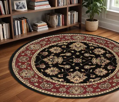 8' Black And Red Floral Round Rug
