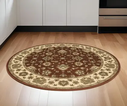 6' Red and Ivory Floral Round Rug