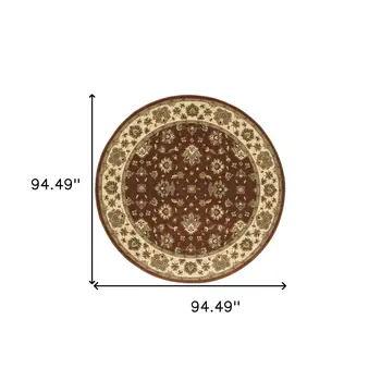 8' Red And Ivory Floral Round Rug